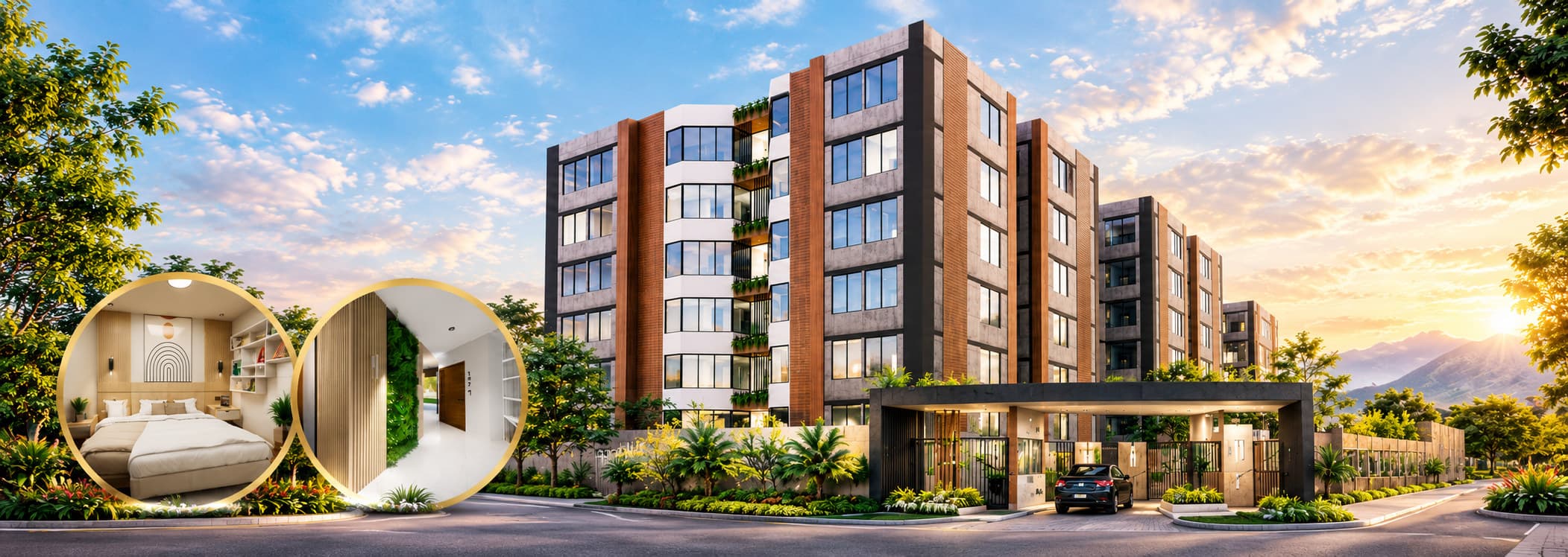 Torres de Bolognesi: fachada del condominio y vistas interiores de un dormitorio y del pasillo de un departamento